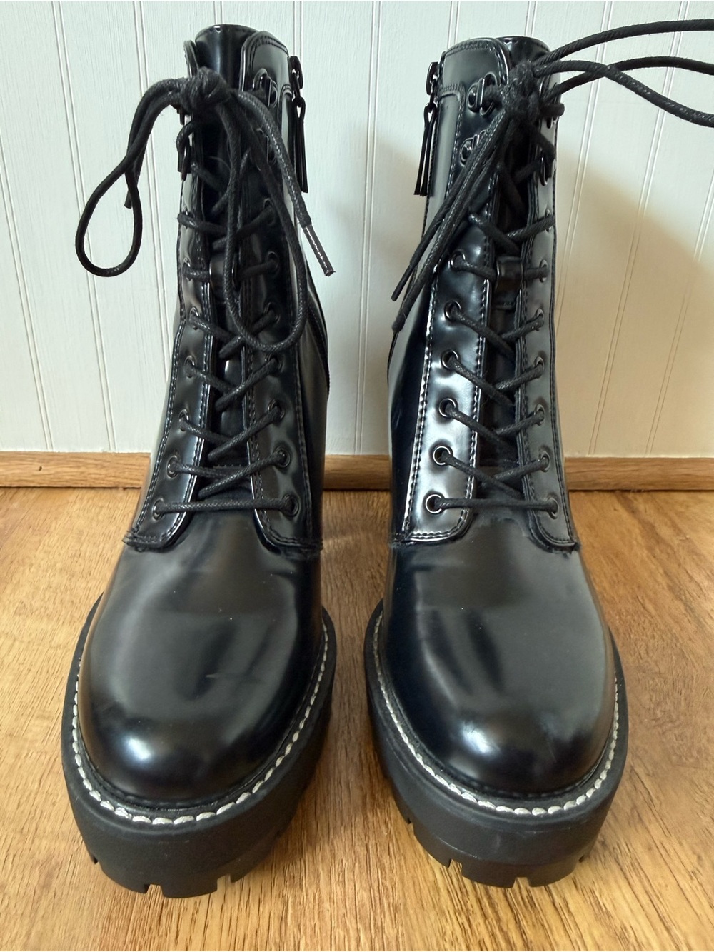 Bershka Black Leather High Block Heel Combat Boots size 8.5 - Picture 4 of 9